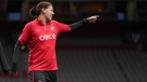 Canada's national women's soccer team captain Christine Sinclair, who is scheduled to play her final international match on Tuesday, gestures during training in Vancouver, on Monday, December 4, 2023. (THE CANADIAN PRESS/Darryl Dyck)