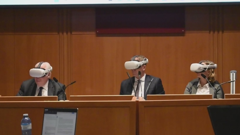 Moot court judges use virtual reality headsets to view evidence in annual University of Ottawa moot. (Suplied)