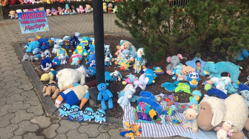 A memorial to commemorate the young girl who died earlier this year is shown outside the courthouse in Granby, Que., on Friday June 21, 2019. THE CANADIAN PRESS/Pierre Saint-Arnaud