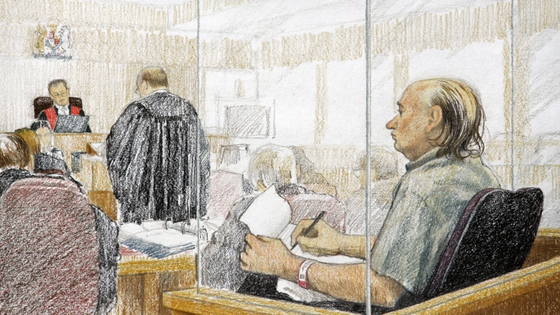 Artist's sketch show accused serial killer Robert Pickton right, taking notes during the second day of his trial in B.C. Supreme Court in New Westminster, B.C., Tuesday January 31, 2006. (CP PHOTO/ Jane Wolsack)