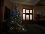 A large blue and white decorated Christmas tree was put up outside of Ontario Premier Doug Ford's office. (Katherine DeClerq)