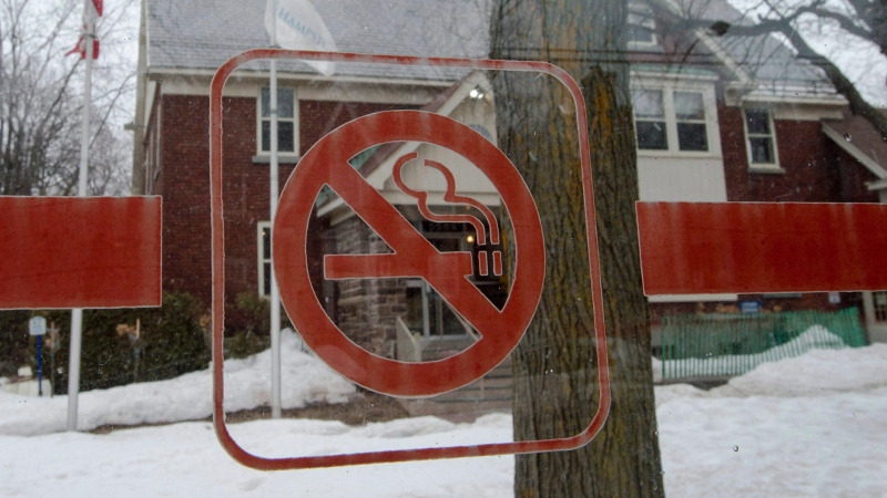 A no smoking sign is seen in front of City Hall Wednesday, March 7, 2018 in Hampstead, Que. THE CANADIAN PRESS/Ryan Remiorz
