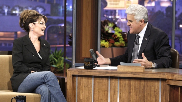 In this image released by NBC, former Republican vice presidential nominee Sarah Palin is shown during an interview with host Jay Leno on 'The Tonight Show with Jay Leno,' Tuesday, March 2, 2010, in Burbank, Calif.