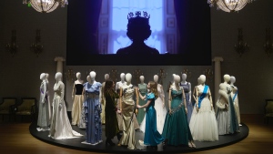 The costumes, sets and props from the Netflix series 'The Crown', are on display during a media preview of a Bonhams auction set for Feb. 7, in London, Tuesday, Jan. 9, 2024. The (AP Photo/Kin Cheung)