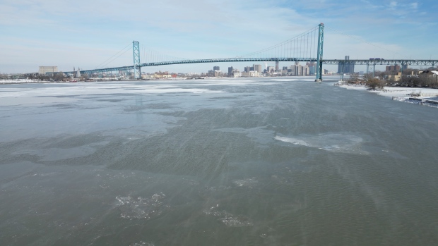 Ice on the Detroit River between Detroit and Windsor, Ont., on Monday, Jan. 15, 2024. (Bob Bellacicco/CTV News Windsor)
