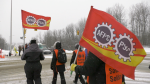 A group of non-public fund workers of the Public Service Alliance of Canada on the picket line at the gates of Garrison Petawawa. Jan. 16, 2024. (Dylan Dyson/CTV News Ottawa)