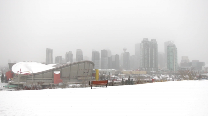 The Calgary skyline is seen on a snowy Jan. 16, 2024. 