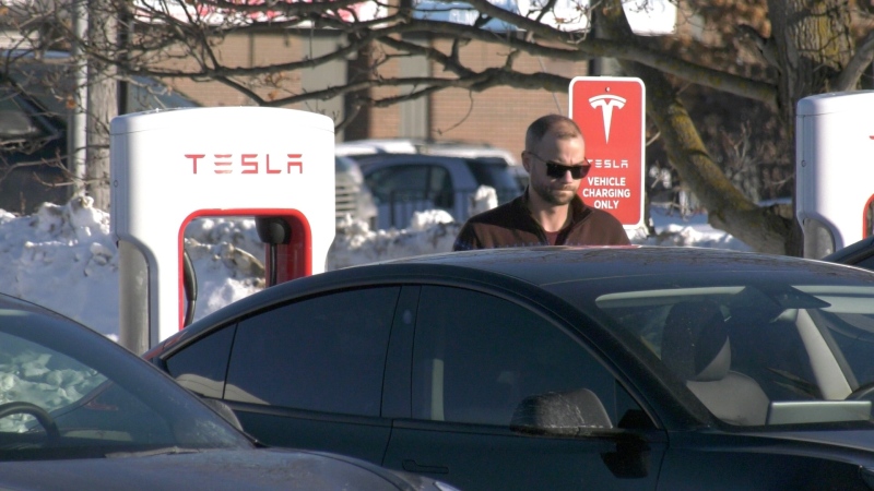 Drivers charging their Tesla in Ottawa’s west-end on Sunday, Jan. 21, 2024 (Katelyn Wilson/ CTV News). 