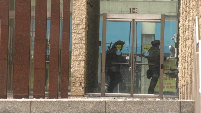 Police at Edmonton city hall on Jan. 23, 2024 after shots were fired and a Molotov cocktail was thrown. (Brandon Lynch/CTV News Edmonton)