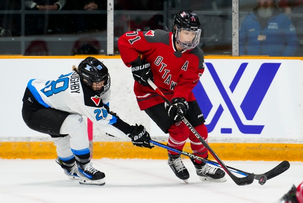 Ottawa's Jincy Roese (71) skates with the puck as Toronto's Kaitlin Willoughby (28) defends during first period PWHL hockey action in Ottawa on Tuesday, Jan. 23, 2024. (Sean Kilpatrick/THE CANADIAN PRESS) 