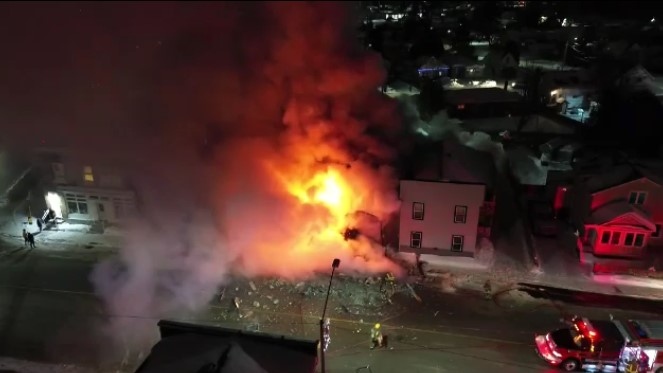 Drone view of Capreol apartment fire right after a smoke explosion and the front of the building collapsed. Jan. 25/24 (Nick Lavoie)
