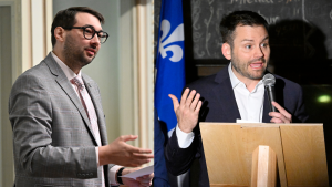 Parti Quebecois (PQ) leader Paul St-Pierre Plamondon (right) does not want to debate Quebec Solidaire (QS) Guillaume Cliche-Rivard (left) alone on the issue of immigration. THE CANADIAN PRESS/Jacques Boissinot; Karoline Boucher 