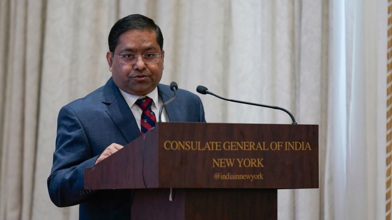 FILE - Randhir Jaiswal, Consul General of India, speaks during a ceremony at the Indian consulate in New York, Thursday, Oct. 28, 2021. In response to accusations that India agents orchestrated the killings of two citizens on Pakistani soil, Jaiswal said on Thursday that Pakistan has 'long been the epicentre of terrorism, organized crime, and illegal transnational activities.' (AP Photo/Seth Wenig, File)