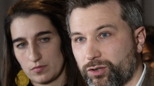 Quebec Solidaire co-spokes people Gabriel Nadeau-Dubois and Emilise Lessard-Therrien speak to the media after the party's caucus meeting Thursday, January 25, 2024 in Laval, Que..THE CANADIAN PRESS/Ryan Remiorz
