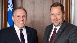 CAQ premier Francois Legault along with Rousseau MNA Louis-Charles Thouin, who is under an ethics investigation related to his financing. SOURCE: Louis-Charles Thouin/Facebook