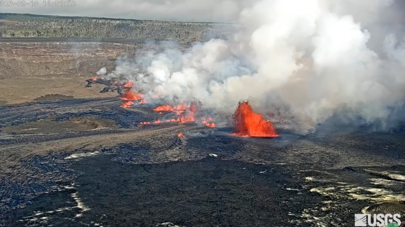 This screen grab made on Sept. 10, 2023, from webcam video provided by the U.S. Geological Survey shows an eruption inside Hawaii Volcanoes National Park at the summit of Kilauea, one of the most active volcanoes in the world. (U.S. Geological Survey via AP)