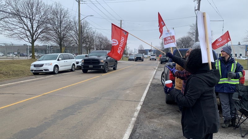 300 unionized employees have walked off the job after terms were not met with Jamieson Laboratories. Feb. 1, 2024. (Bob Bellacicco/CTV News Windsor)