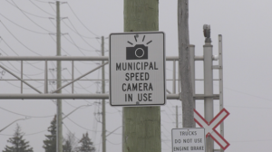 A sign notifies motorists a speed camera is in use on Big Bay Point Road near Huronia Road in Barrie, Ont., on Thurs., Feb. 1, 2024. (CTV News/Mike Lang)