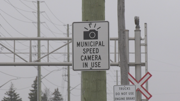A sign notifies motorists a speed camera is in use on Big Bay Point Road near Huronia Road in Barrie, Ont., on Thurs., Feb. 1, 2024. (CTV News/Mike Lang)