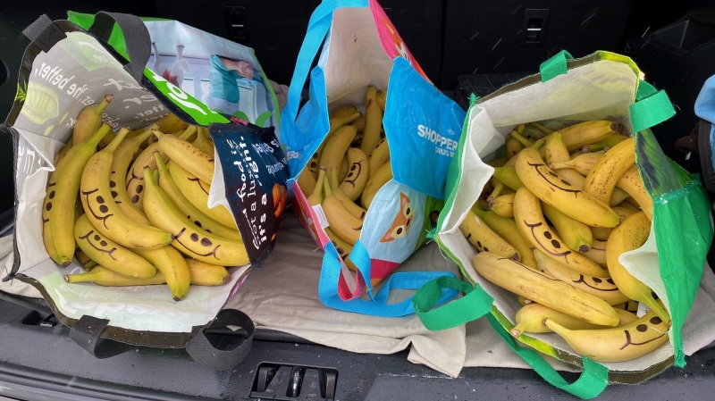 Smiley face bananas are pictured in bags on Feb. 2, 2024.