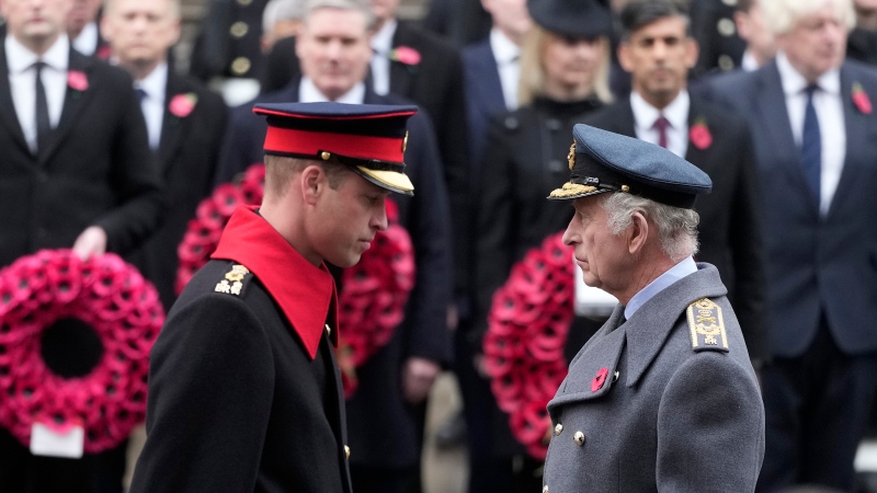 King Charles III and Prince William attend the Remembrance Sunday service at the Cenotaph on Whitehall in London, Nov. 12, 2023. (AP Photo/Kin Cheung, Pool)