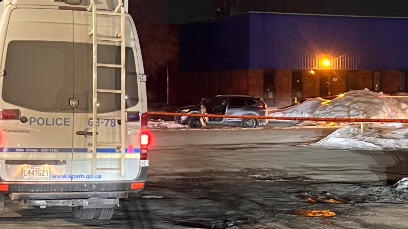 An abandoned vehicle is parked near the corner of Diab Street and Bois-Franc Road in St-Laurent after a police officers was injured in a hit-and-run on Monday, Feb. 5, 2024. (Cosmo Santamaria/CTV News)