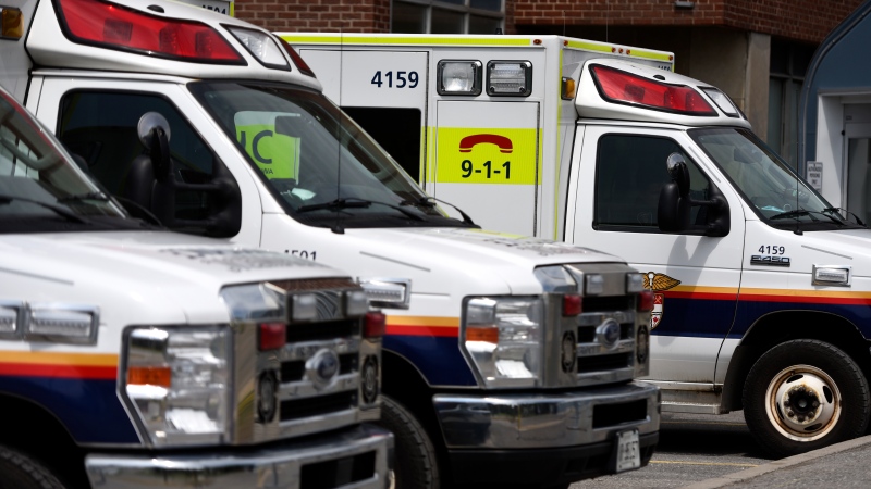 Ambulances are parked outside the Emergency Department at the Ottawa Hospital Civic Campus in Ottawa on Monday, May 16, 2022. (Justin Tang/THE CANADIAN PRESS)