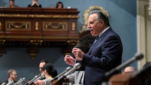 Quebec Premier Francois Legault responds to the Opposition during question period, Thursday, February 8, 2024 at the legislature in Quebec City. THE CANADIAN PRESS/Jacques Boissinot