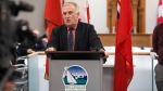Belleville mayor Neil Ellis speaks about recent rash of overdoses during a press conference in Belleville, Ont., in this Wednesday, February 7, 2024 handout photo. (THE CANADIAN PRESS/HO - City of Belleville)