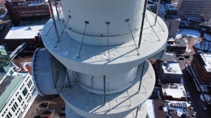 Ice is pictured on top of a Bell communications tower in Moncton, N.B., on Feb. 10, 2024. (Courtesy: Moncton Firefighters Association)