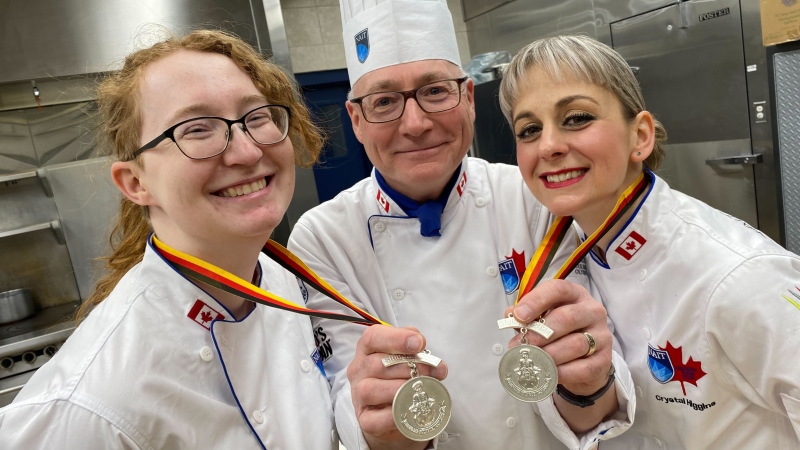 Suzanne Boulet (left), Troy Lymburner (centre) and Crystal Higgins (right) showing off silver medals after competing in the IKA Culinary Olympics in Germany. February 12, 2024 (Matt Marshall/CTV News Edmonton)