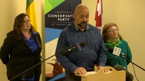 From left to right: Rose Buscholl, Leader of the Saskatchewan Progressive Conservative Party, Michael Melby, Official Agent of the Saskatchewan Progress Party and Naomi Hunter, Leader, Green Party of Saskatchewan. (Wayne Mantyka/CTV News)

