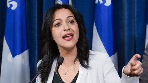 Quebec Solidaire MNA Ruba Ghazal responds to media questions at a news conference, Wednesday, November 29, 2023 at the legislature in Quebec City. THE CANADIAN PRESS/Jacques Boissinot
