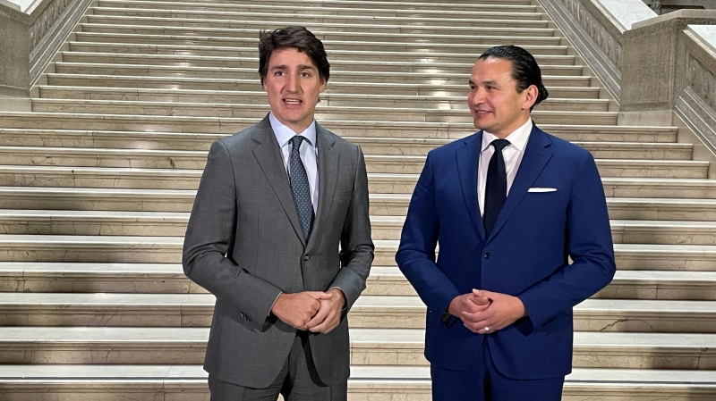 Prime Minister Justin Trudeau and Manitoba Premier Wab Kinew meet at the Manitoba Legislature following a health-care announcement on Feb. 15, 2024. (Image source: Jamie Dowsett/CTV News Winnipeg)