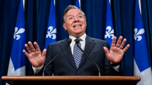 Quebec Premier Francois Legault speaks at a news conference, Thursday, February 8, 2024 at the legislature in Quebec City. THE CANADIAN PRESS/Jacques Boissinot