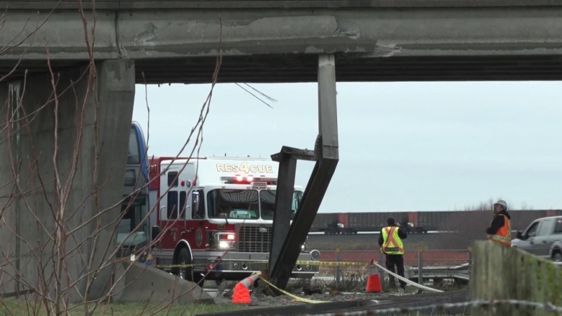 An overpass strike in Delta, B.C., is pictured.