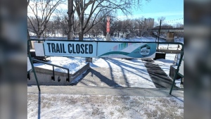 A closure sign in front of the Nestaweya River Trail at The Forks. This is the second closure of the trail since it has opened. (Source: The Forks/X. Uploaded Feb. 17, 2024)