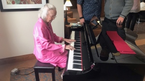 Ema Lafeur plays piano for her 100th birthday in Waterloo on Feb. 17, 2024. (Chris Thomson/CTV Kitchener) 