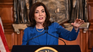 New York Gov. Kathy Hochul has apologized for remarks she made where she compared Israel defending itself against Hamas to the U.S. defending itself against Canada if they attacked the city of Buffalo. (AP Photo/Hans Pennink, File)