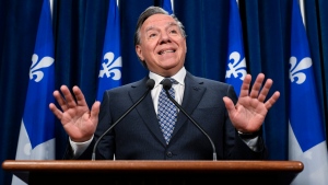 Quebec Premier Francois Legault speaks at a news conference, Thursday, February 8, 2024 at the legislature in Quebec City. THE CANADIAN PRESS/Jacques Boissinot