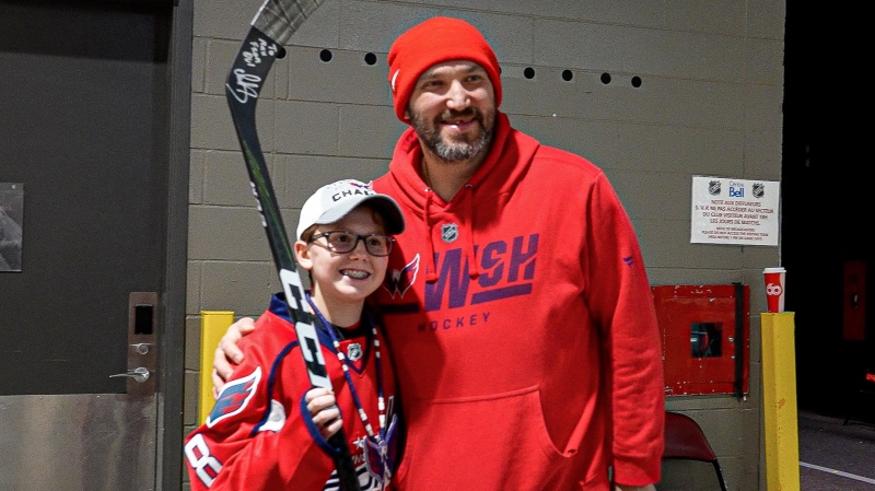 Max Bergman, 14, meets his idol Alexander Ovechkin at the Bell Centre in Montreal on Feb. 18, 2024. (Washington Capitals / Twitter)
