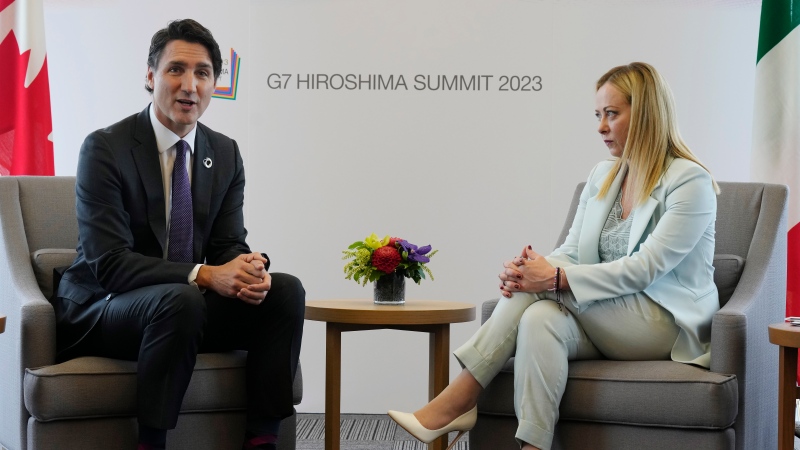 Prime Minister Justin Trudeau delivers opening remarks at the start of a bilateral meeting with Italian Prime Minister Giorgia Meloni at the G7 Summit, Friday, May 19, 2023 in Hiroshima, Japan. THE CANADIAN PRESS/Adrian Wyld