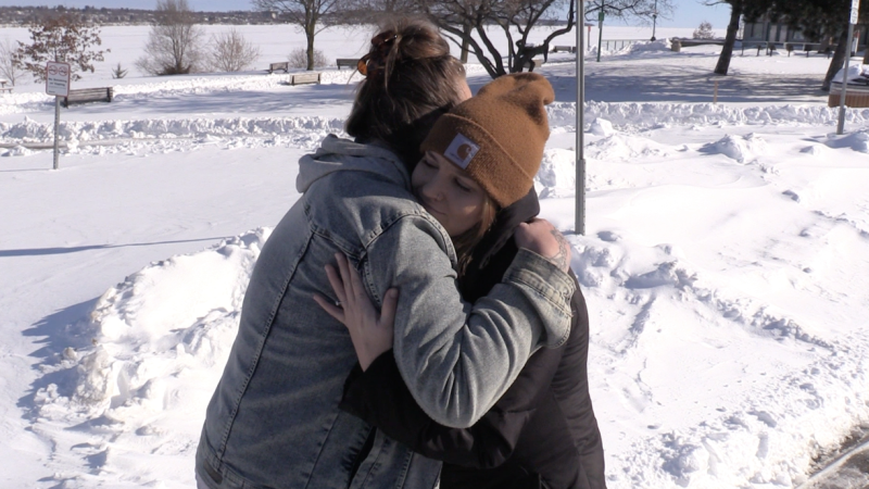 Lori Schneider and her daughter, Careena Schneider, hug in Barrie, Ont., on Mon., Feb. 19, 2024. (CTV News/Mike Arsalides)