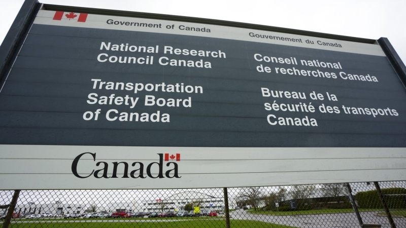 Transportation Safety Board of Canada (TSB) signage is pictured outside TSB offices in Ottawa on Monday, May 1, 2023. A flight heading from Toronto to New York City earlier this month had to turn around because of a "burnt electrical smell" in the cockpit. THE CANADIAN PRESS/Sean Kilpatrick
