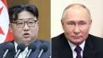 This combination of photos shows North Korean leader Kim Jong Un, left, speaks at the Supreme People's Assembly in Pyongyang, North Korea, on Jan. 15, 2024 and Russian President Vladimir Putin delivers a video address to mark the 31st anniversary of the founding of the National Energy Giant Gazprom at the Novo-Ogaryovo state residence, outside Moscow, Russia, on Feb. 17, 2024. (AP Photo, File) 