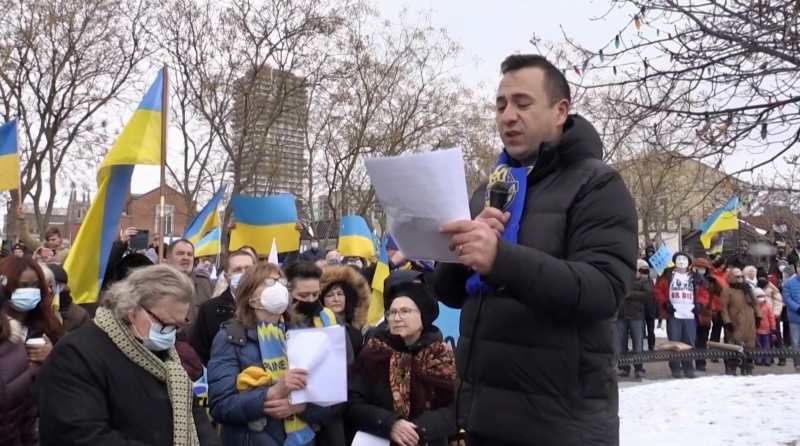 Volodymyr Vorobets, the president of the London Ukrainian Centre, is seen at a rally to support Ukraine on Feb. 27, 2022. (Sean Irvine/CTV News London)