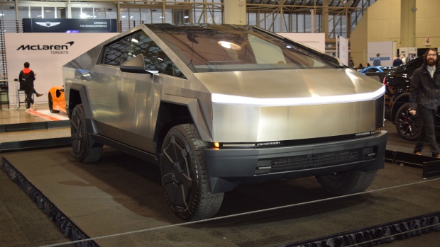 The Tesla Cybertruck on display at the Metro Toronto Convention Centre for the 2024 Toronto Auto Show.  45 different automotive brands are on display at the 2024 Canadian International Auto Show at the in downtown Toronto. (Michael Campoli/CP24) 