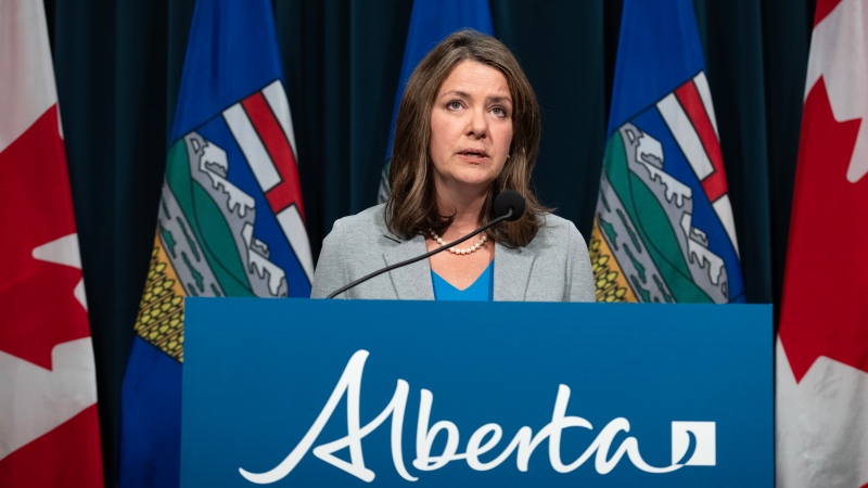 Alberta Premier Danielle Smith answers questions at a news conference in Calgary on Thursday, February 1, 2024. THE CANADIAN PRESS/Todd Korol