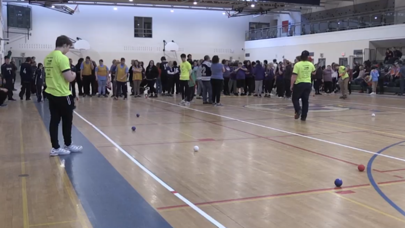Hundreds of students attend the Special Olympics Bocce Ball Qualifier in the gym at Bear Creek Secondary School in Barrie, Ont., on Tues., Feb. 20, 2024. (CTV News/Rob Cooper)