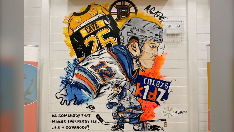 A mural to honour Colby Cave was unveiled at Casa Centre on Tuesday, Feb. 20, 2024. (Evan Klippenstein/CTV News Edmonton)